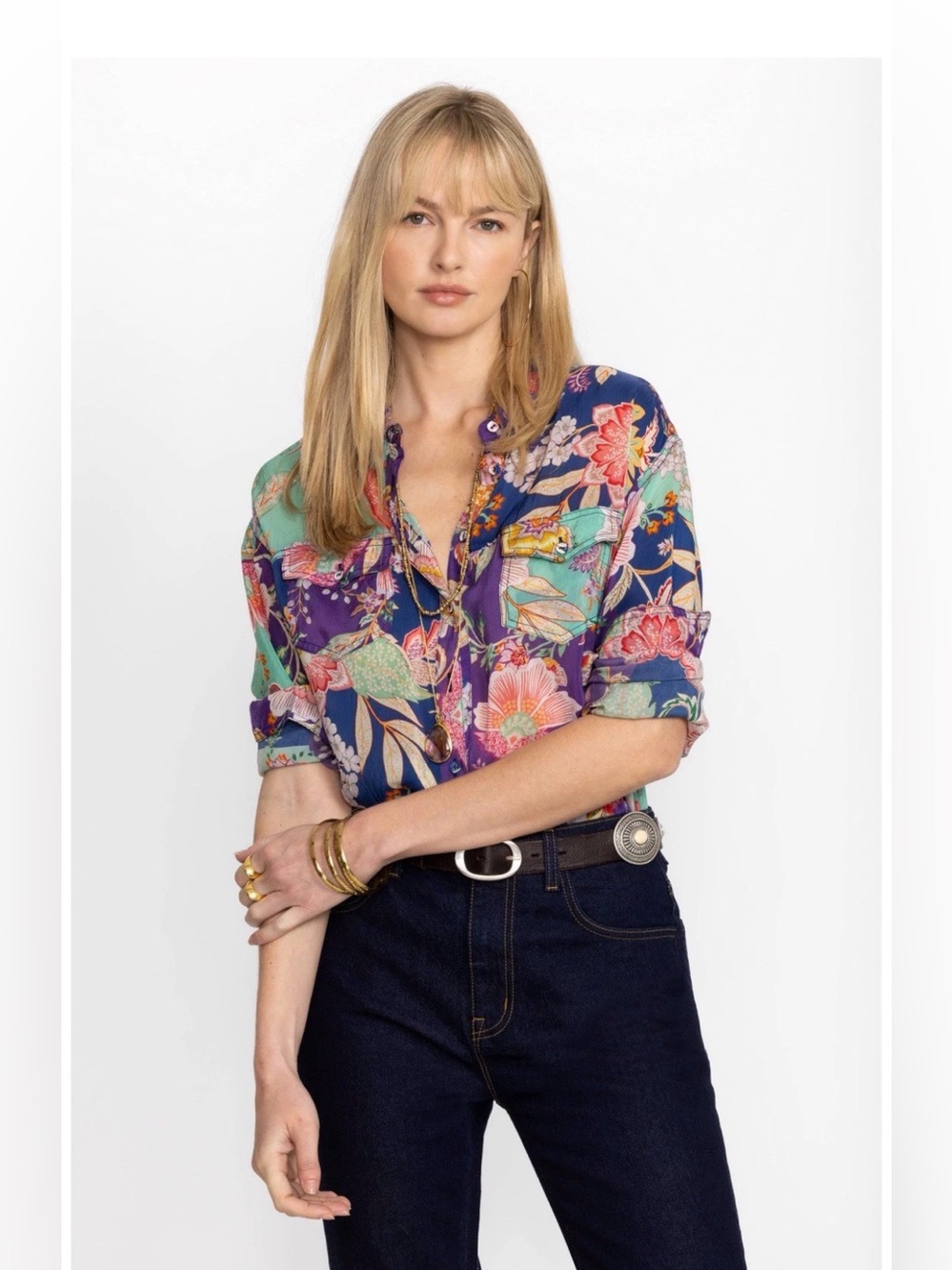 Johnny Was Vivienne Leya Button-Front Long-Sleeve Top size Small like new